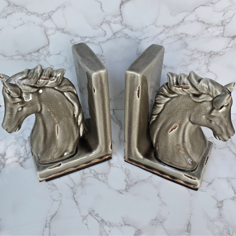 Vintage MCM Ceramic Horse Head Bookends Crackle Glaze Equestrian Decor Set - Picture 3 of 15